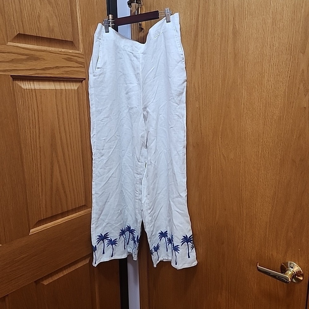 Calypso St Barth Linen Wide Leg Pull On Pants Size XL White Blue Palm Print
